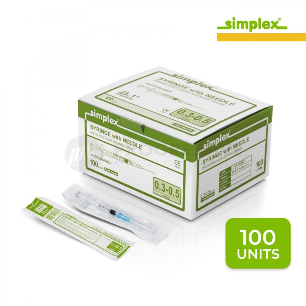 Simplex Disp Safety Syringe,  0.3cc-0.5cc, G-23 x1 (100's)