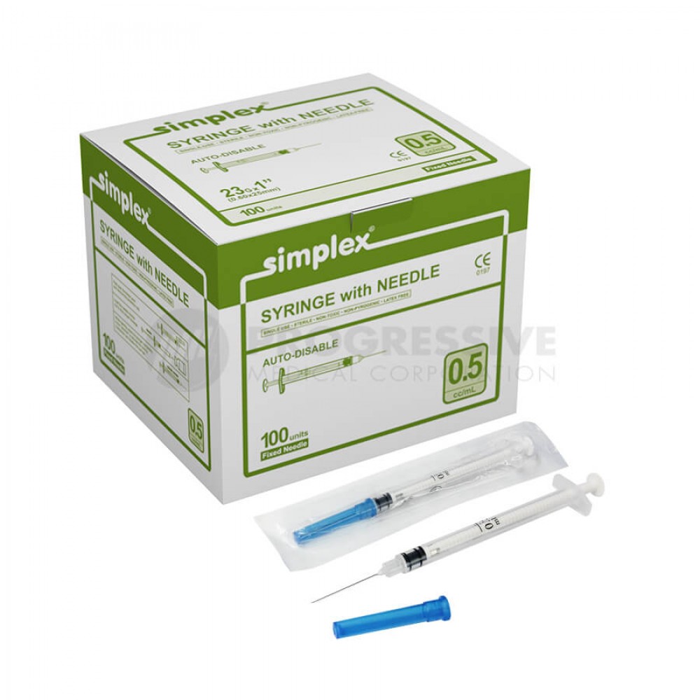 Simplex Auto Disable Syringe w/ Needle, 0.5cc, G-23x1 (100's)