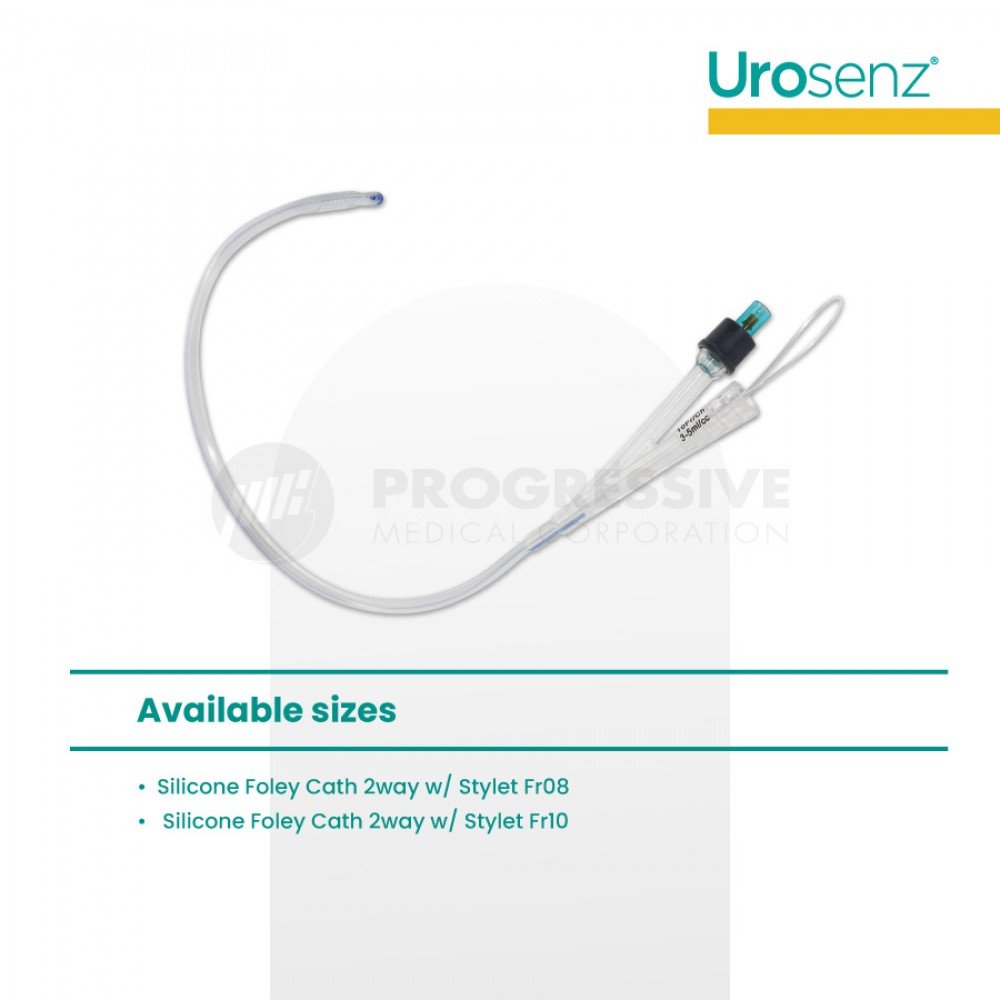 Urosenz Silicone Foley Catheter, 2-Way w/ Stylet (10 pcs.)